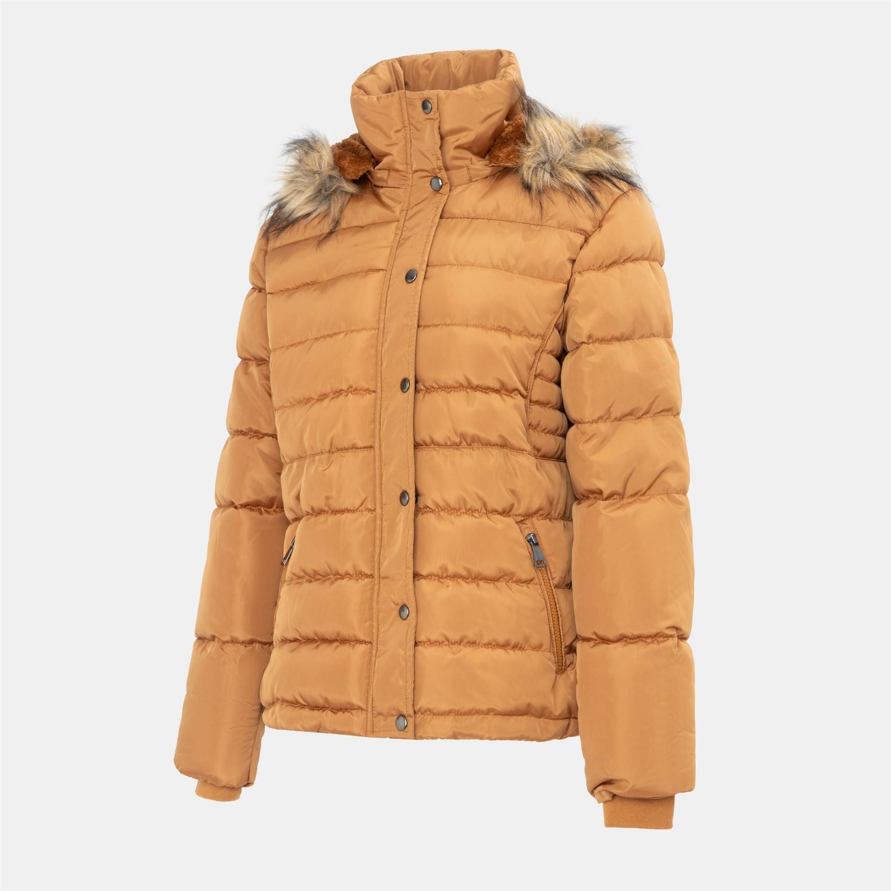 I Saw It First Solid Patterned Hooded Snap Button Fur Trim Ribbed Cuff Parka Jacket