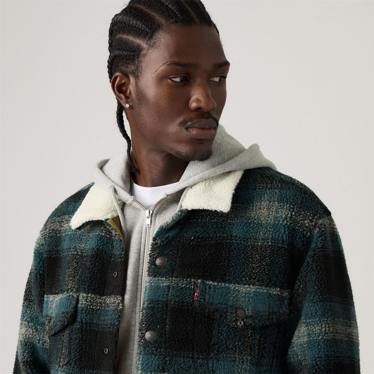 Levis Relaxed Fit Solid Patterned Sherpa Denim Jacket with Chest Pocket