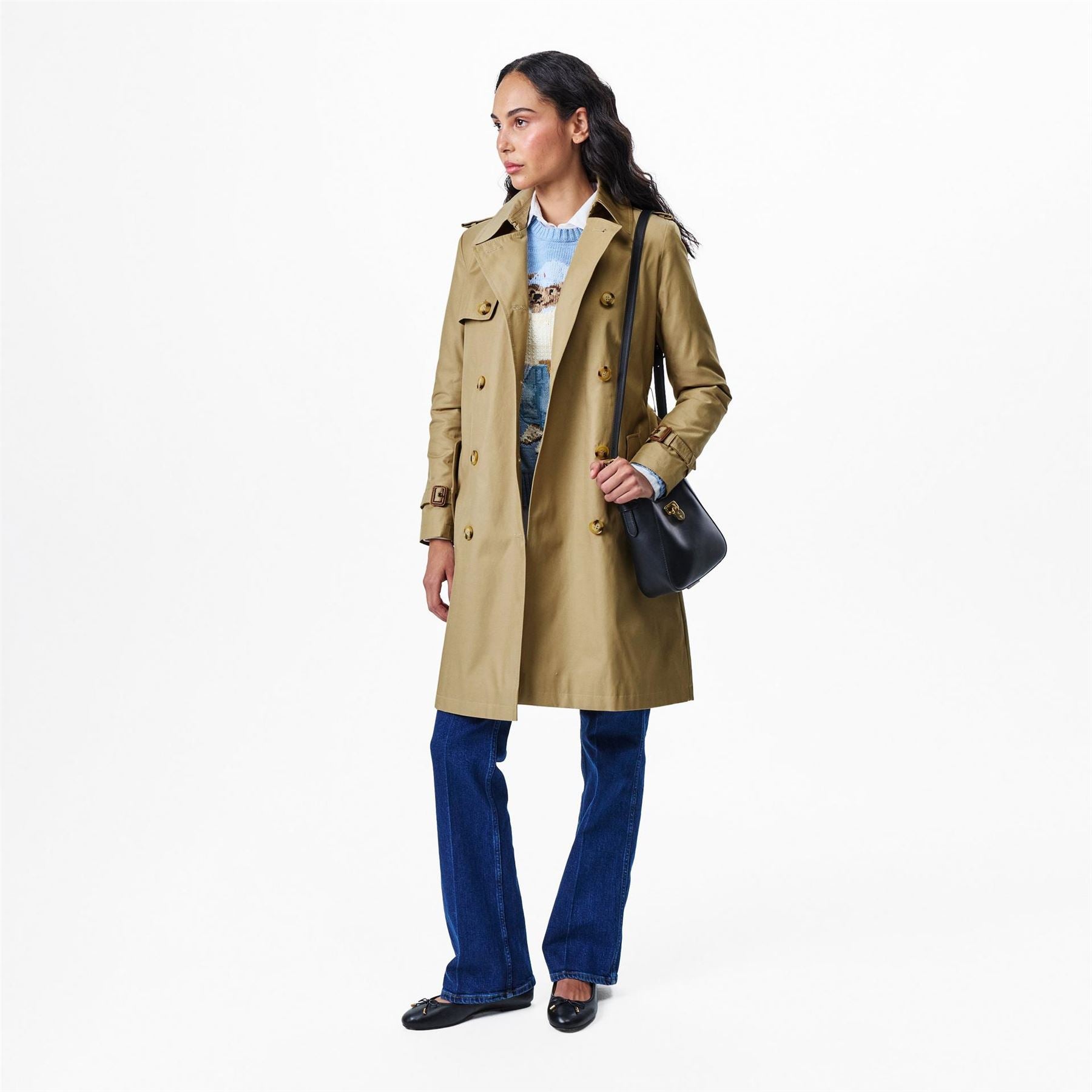 Lauren by Ralph Lauren Double Breasted Belted Cotton Knee Length Long Sleeve Trench Coat