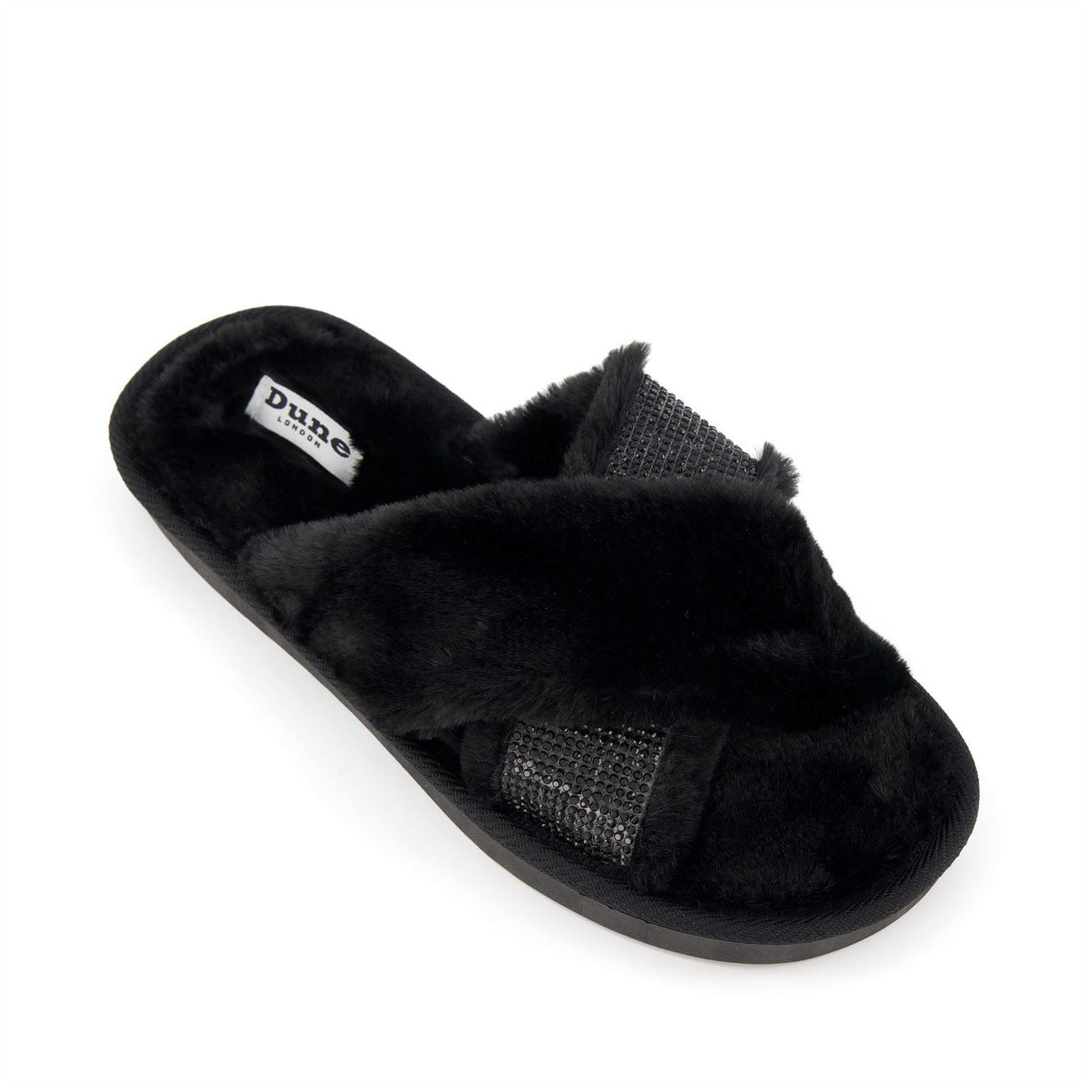 Dune London Diamante Cross Strap Faux Fur Slippers