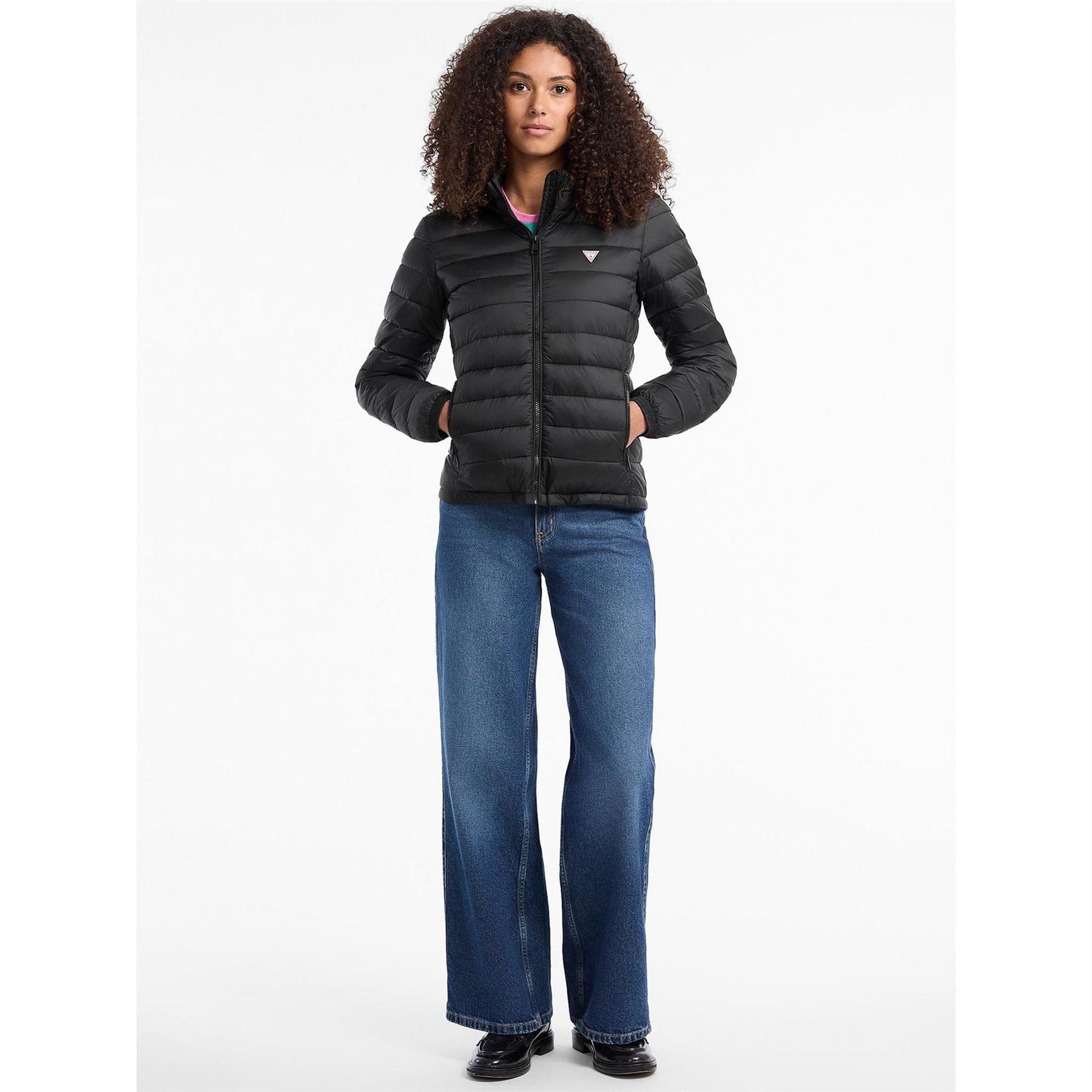 Guess Solid Patterned Hooded Zipped Pocket Puffer Jacket