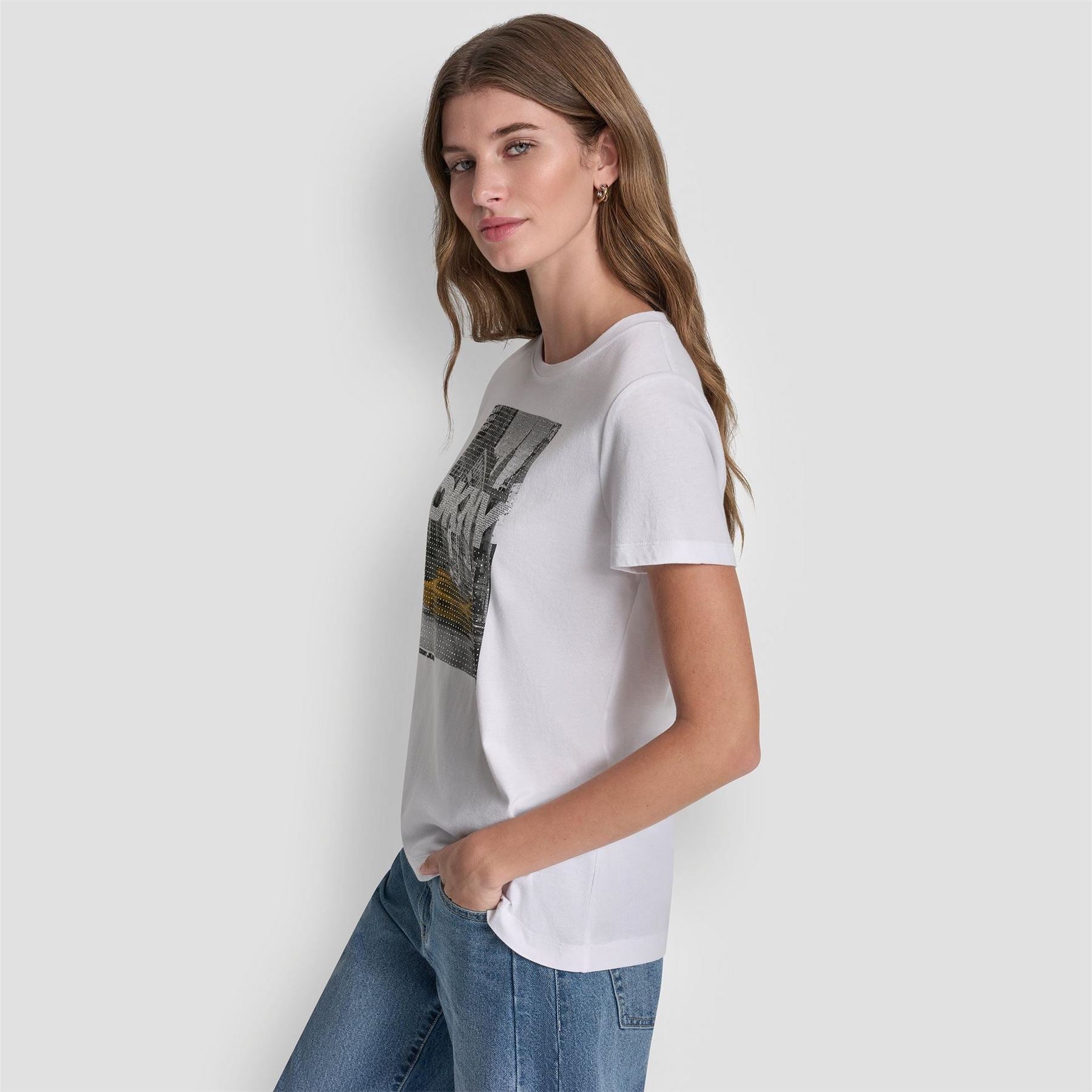 DKNY Rhinestone Taxi Photoreal Logo Crew Neck Tee
