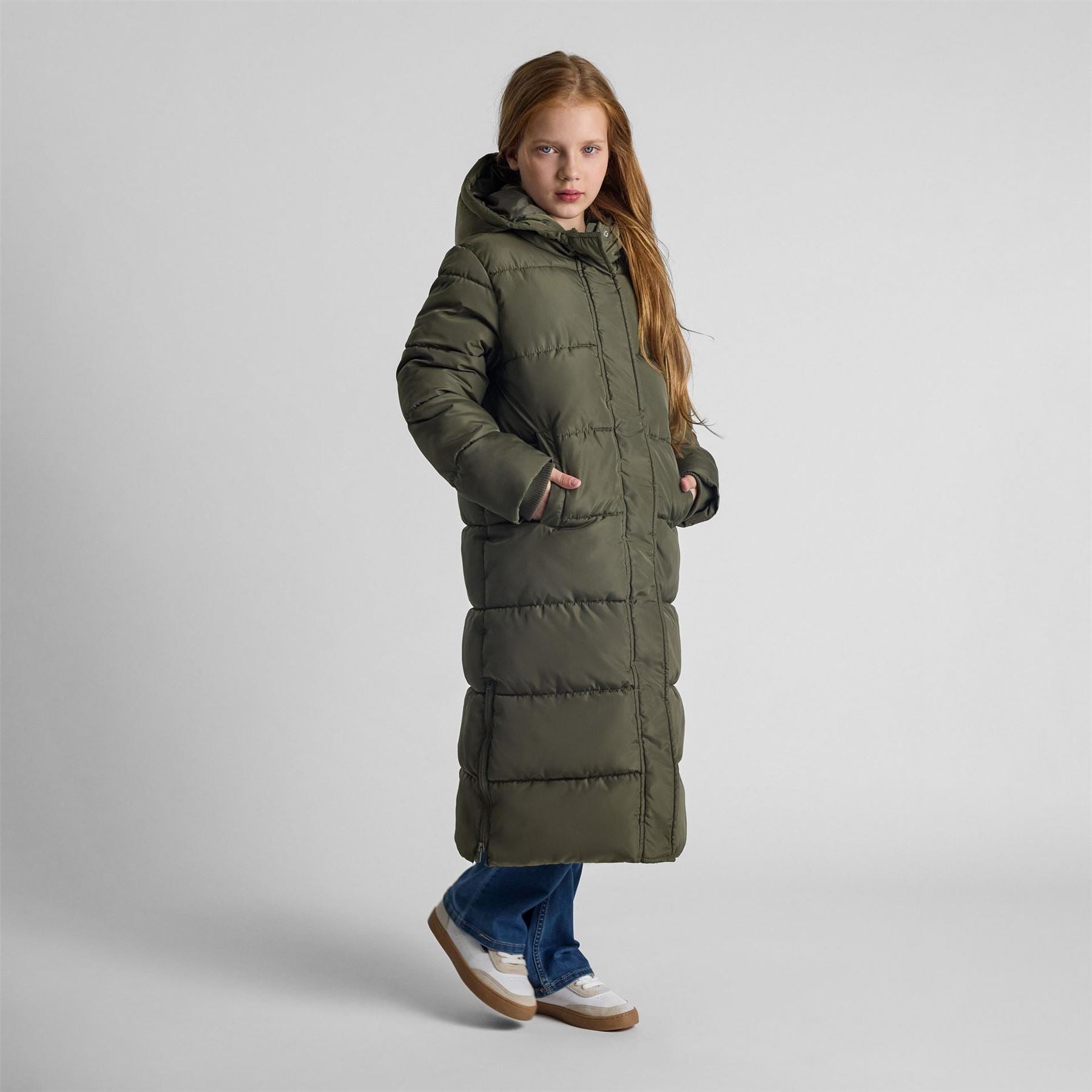 Minoti Girls Long Winter Quilted Coat Side Slits Khaki