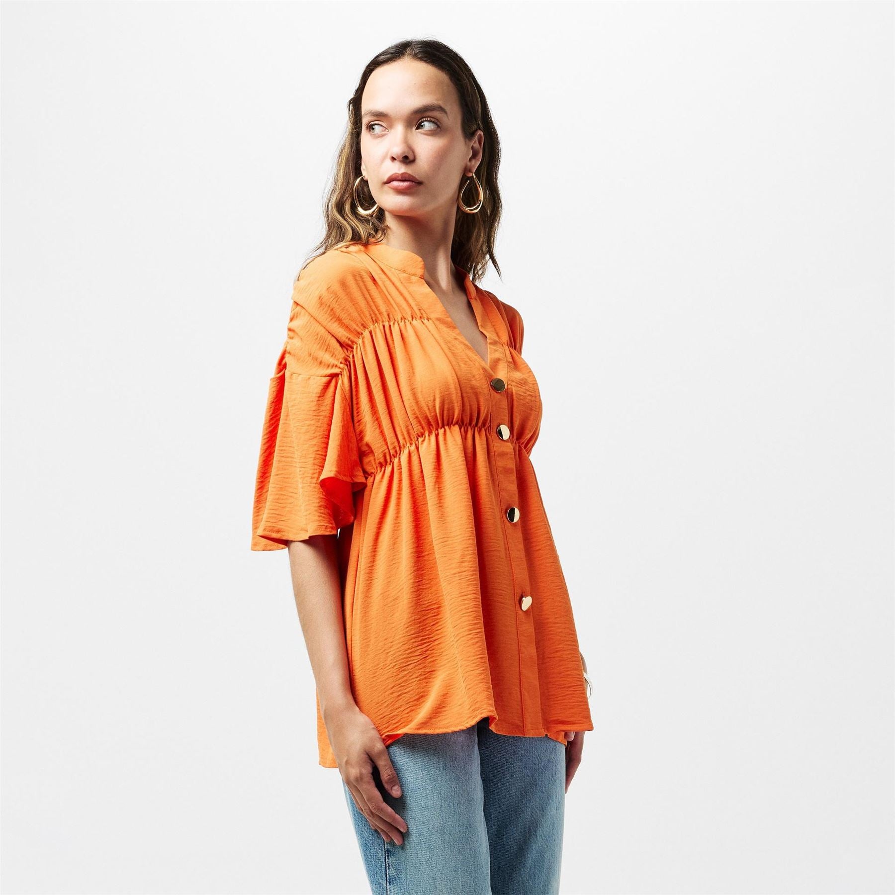 AX Paris Button Up Ruched Detail Smock V Neck Top
