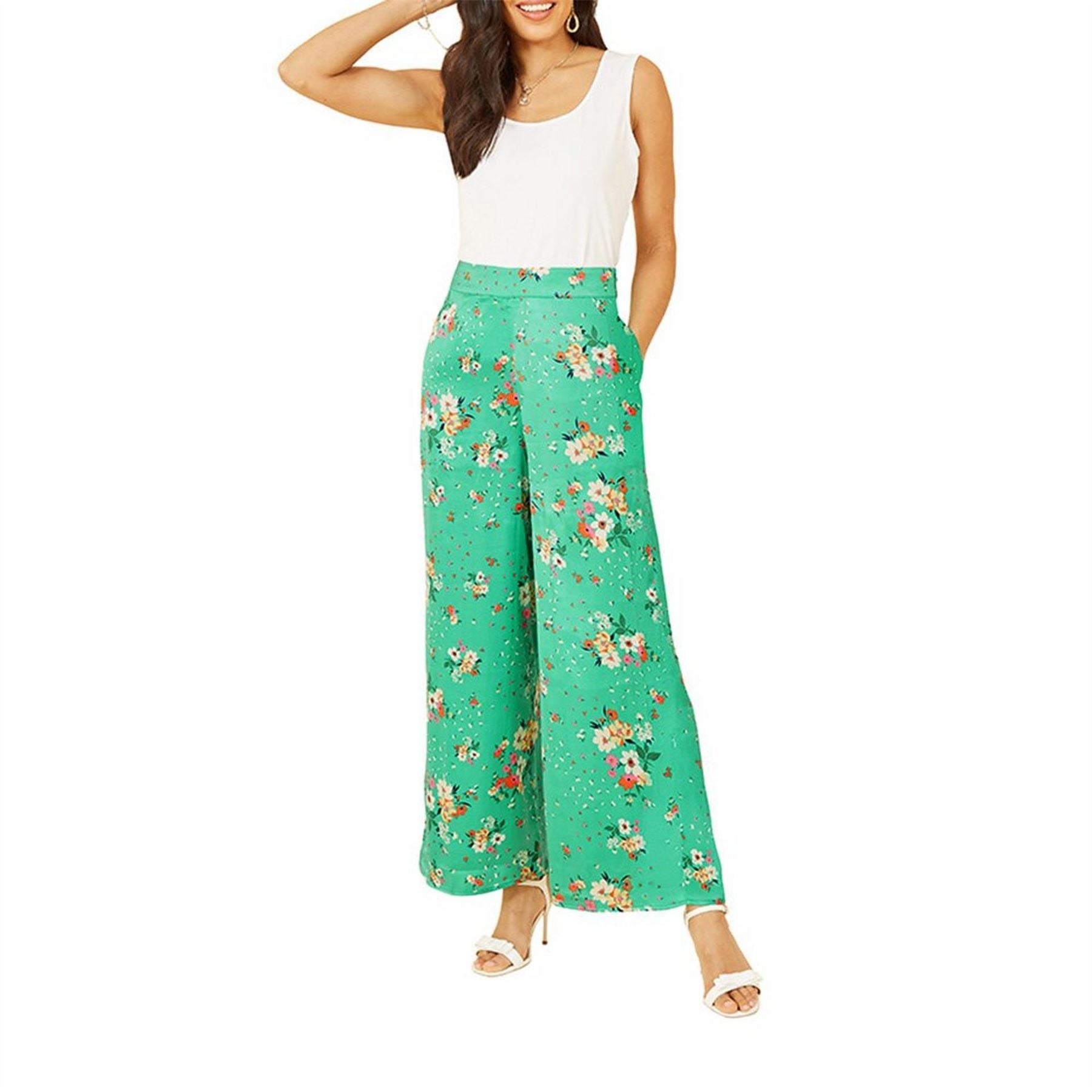 Yumi Green Floral Satin Wide Leg Trousers