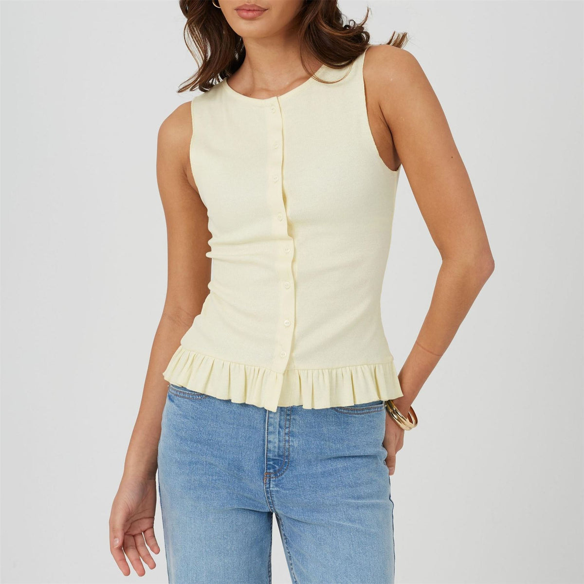 Brave Soul Womens Crew Neck Button Down Vest With Frill Detail