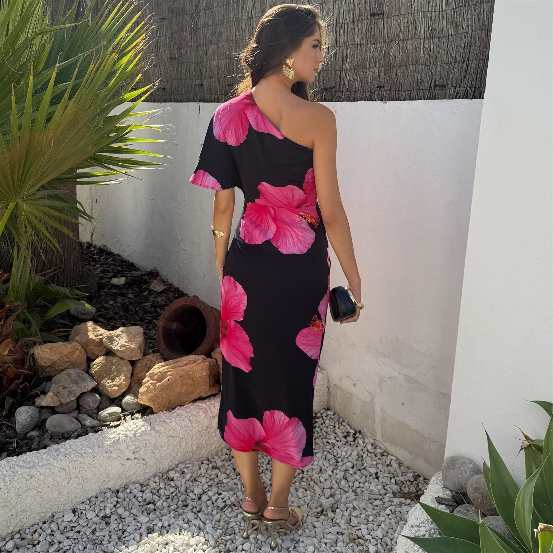 AX Paris And Magenta Floral Print One Sleeve Midi Dress
