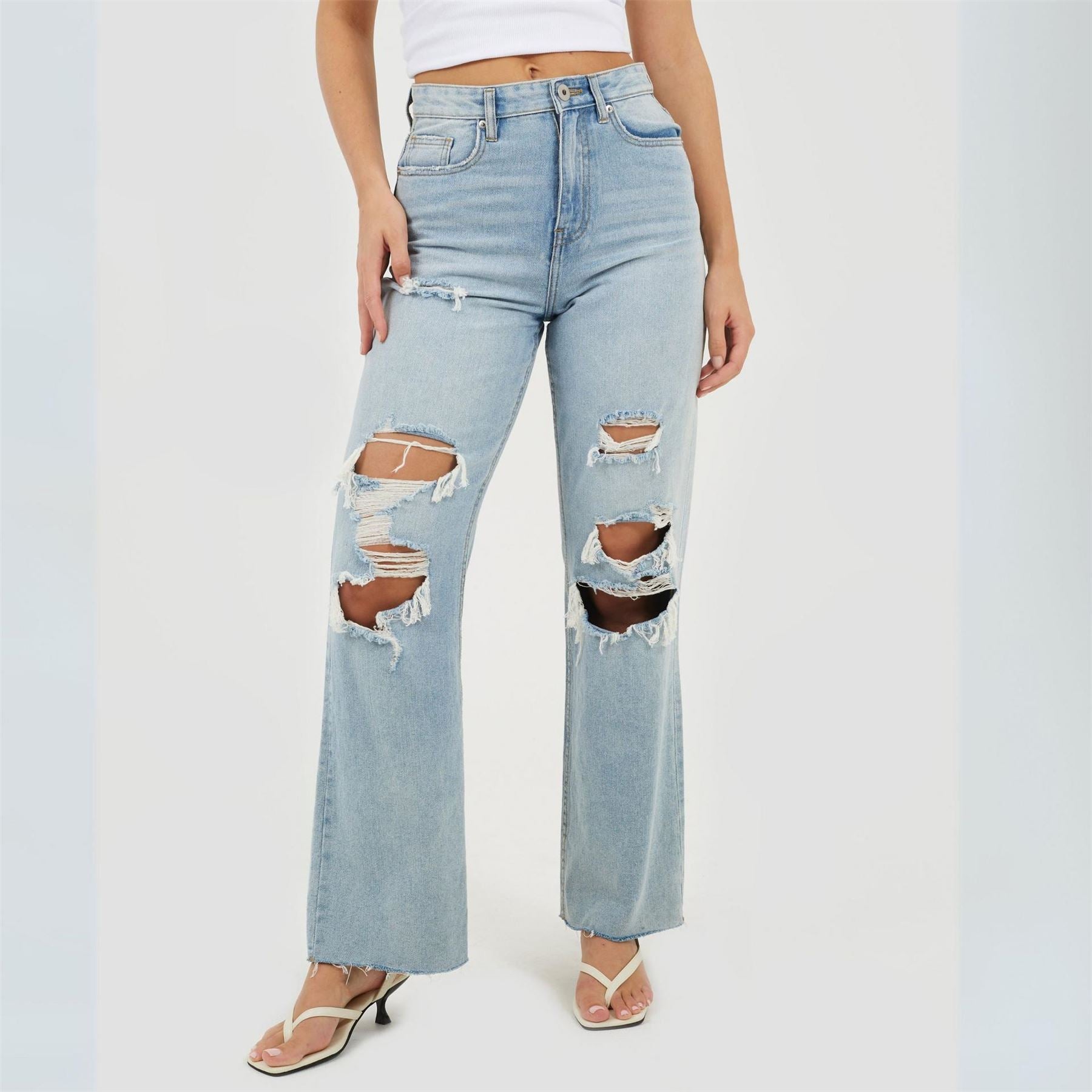 Brave Soul Womens High Waisted Wide Leg Distresed Jean