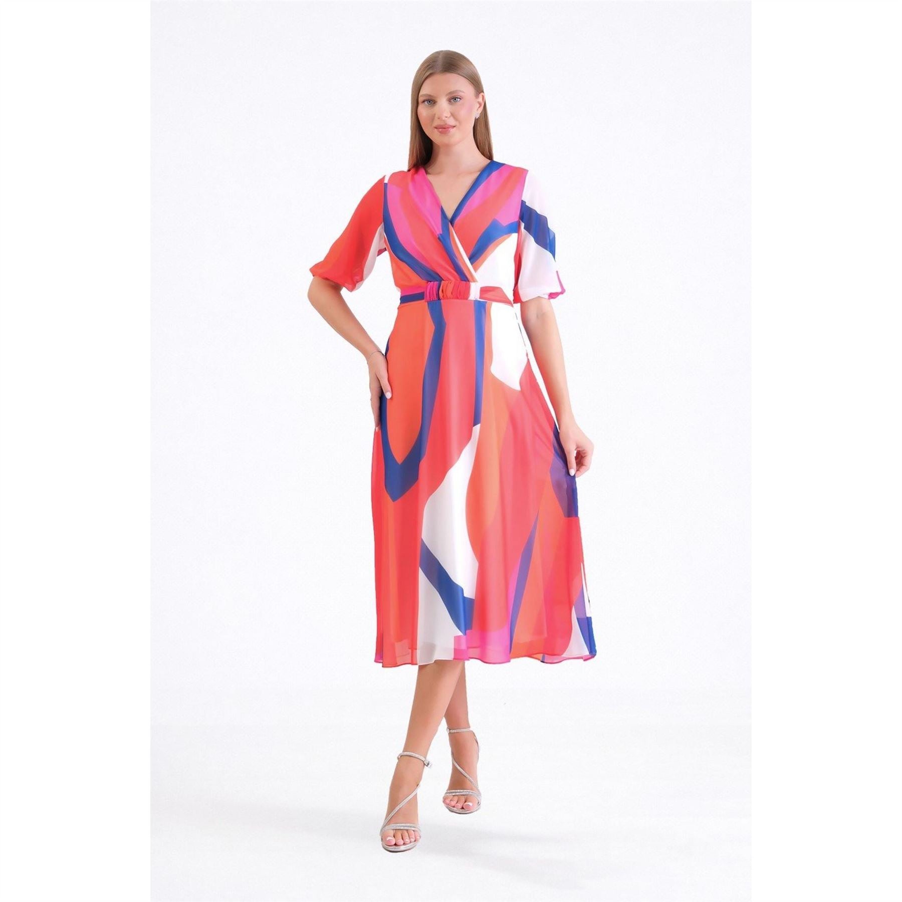 Ella Boo Coral Multi Abstract Belted Midi  Print Dress