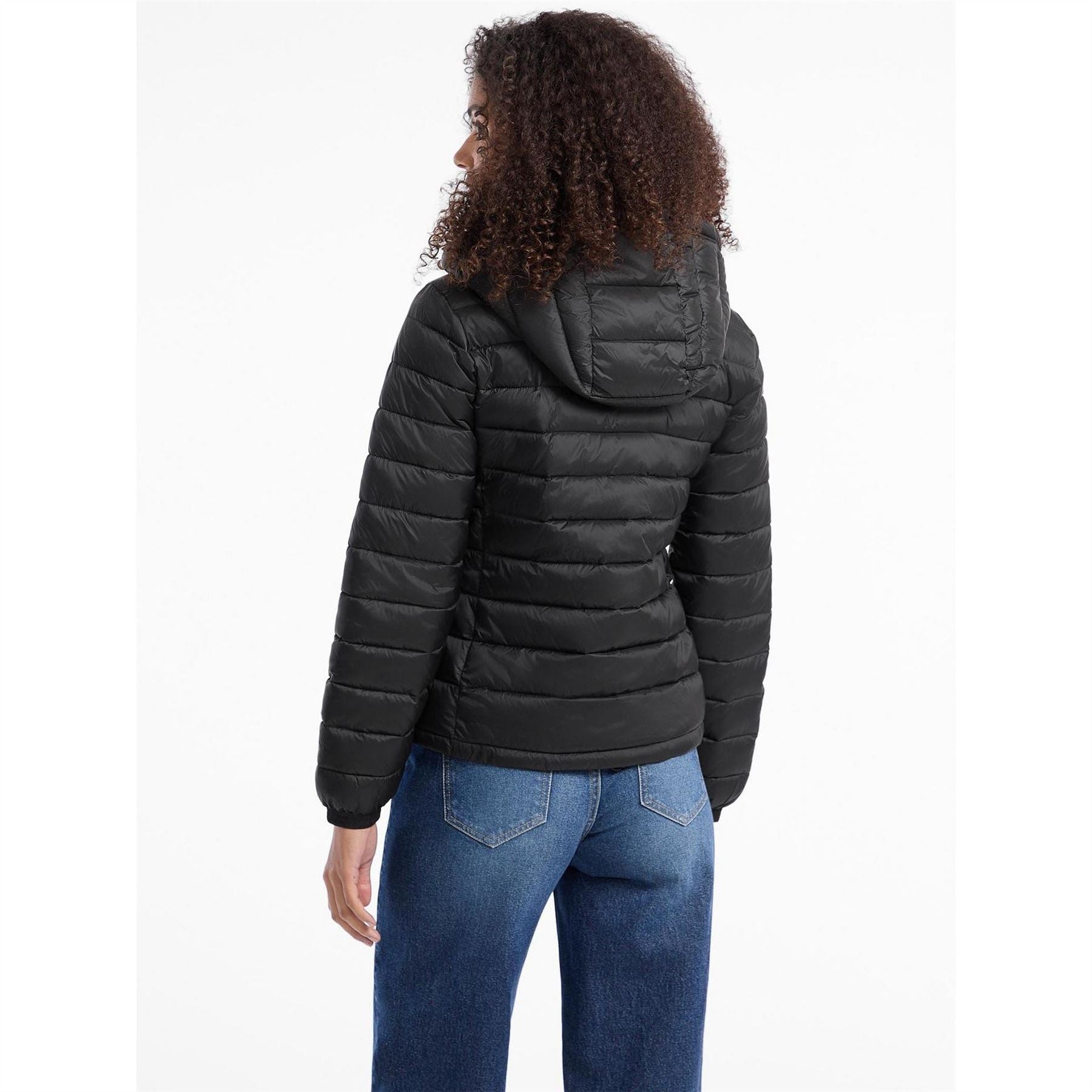 Guess Solid Patterned Hooded Zipped Pocket Puffer Jacket