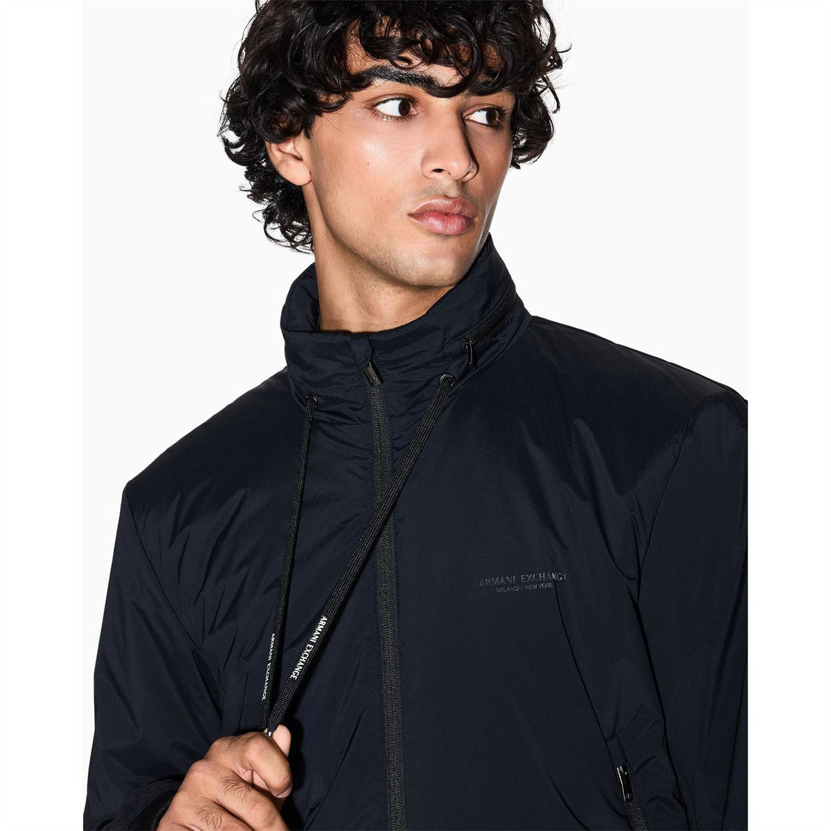 Armani Exchange Solid Patterned Harrington Jacket with Drawstring and Ribbed Cuff