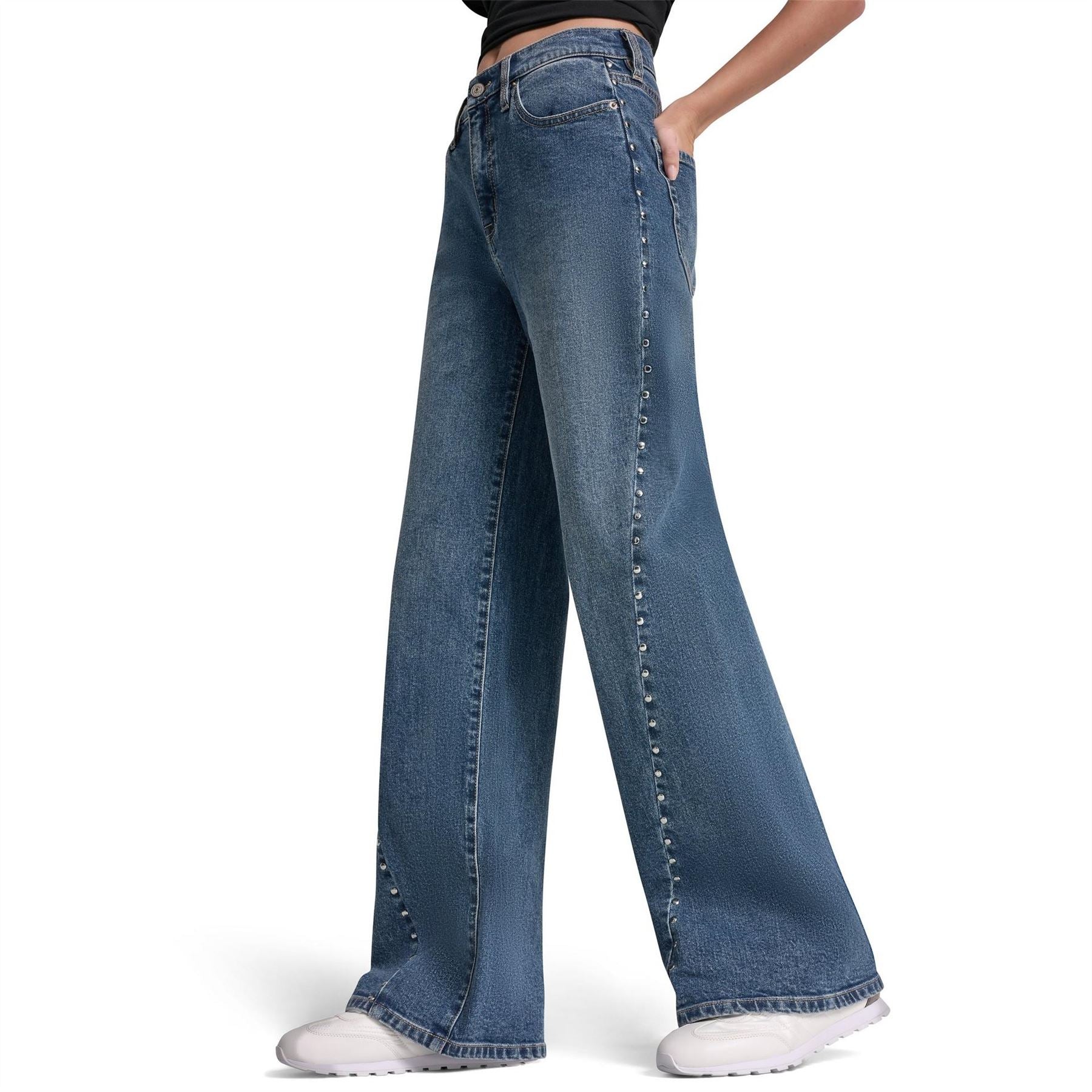 DKNY Jeans High Rise Modern Wide Leg W  Curved Studded Forward Seam
