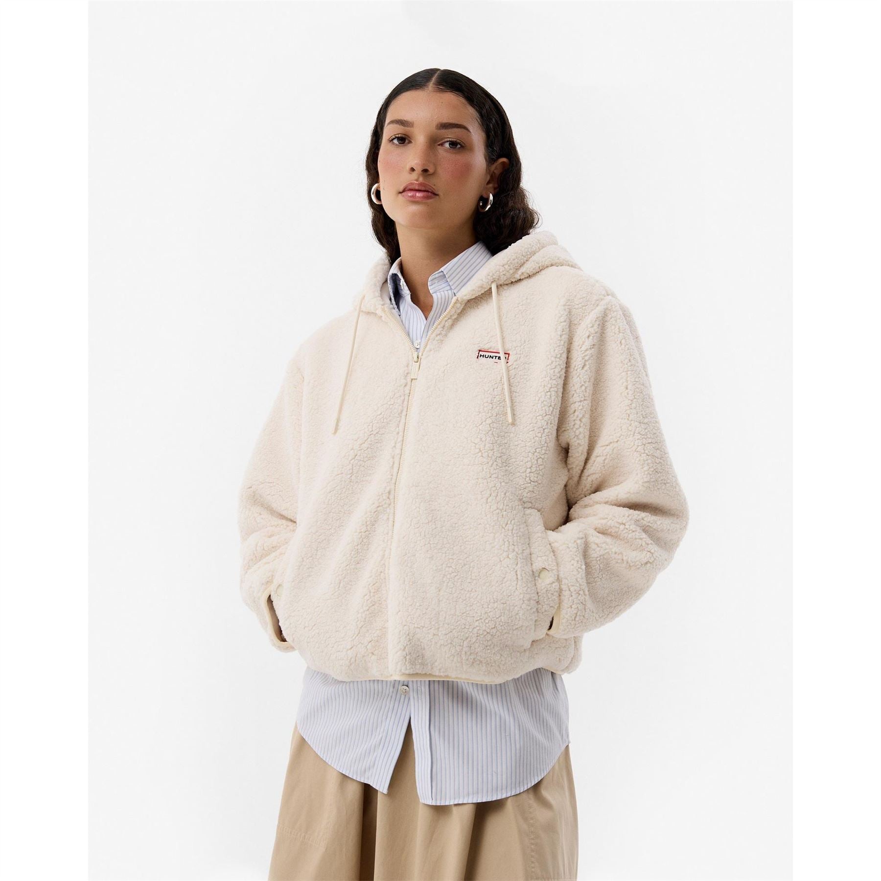 Hunter Borg Solid Patterned Hooded Full Zipper Sherpa Jacket