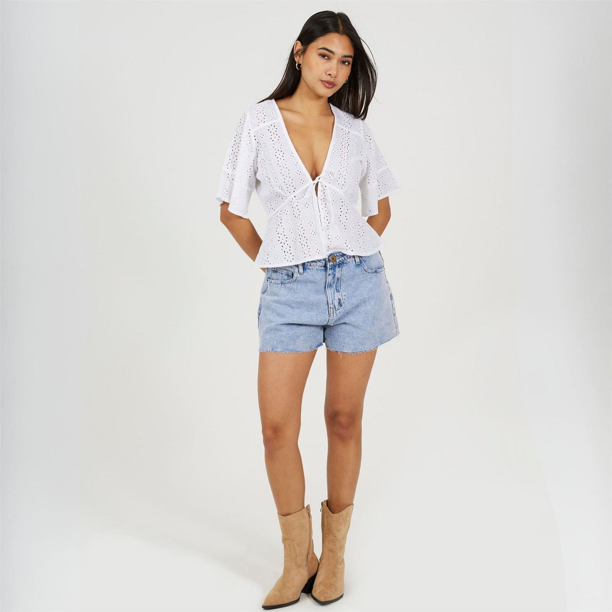 Brave Soul Womens Broderie Anglaise Short Sleeve Shirt With Front Tie Detail