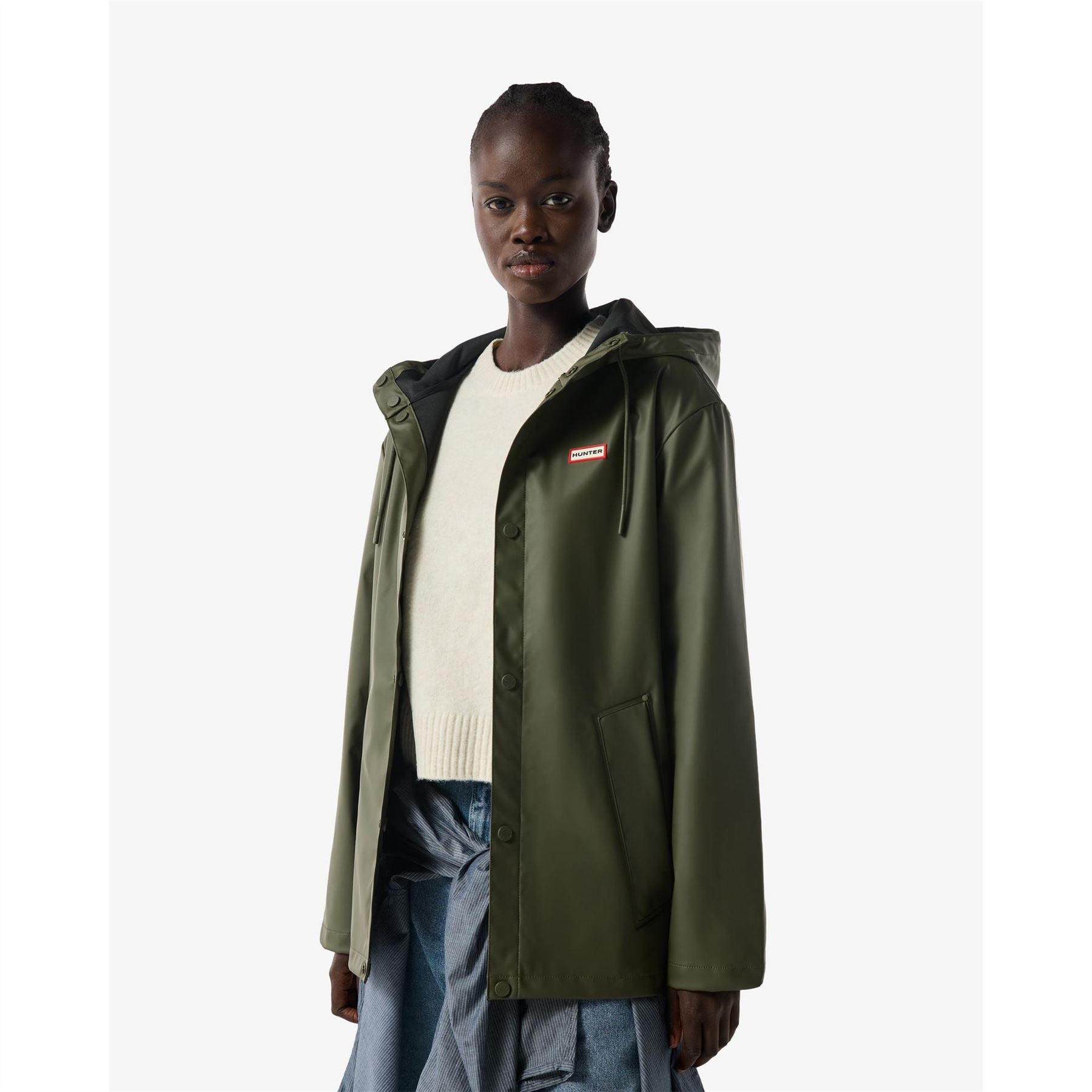 Hunter Solid Patterned Hooded Snap Button Rain Jacket
