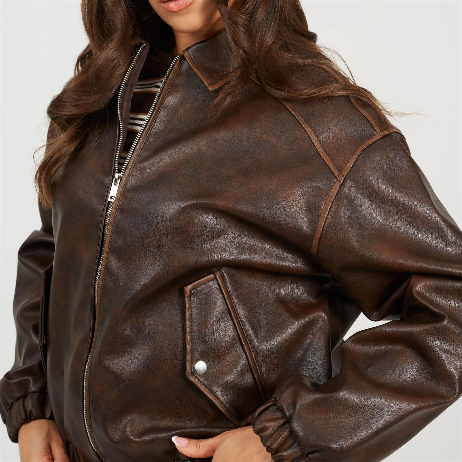 Brave Soul Womens Vintage Finish Faux Leather Bomber With Collar