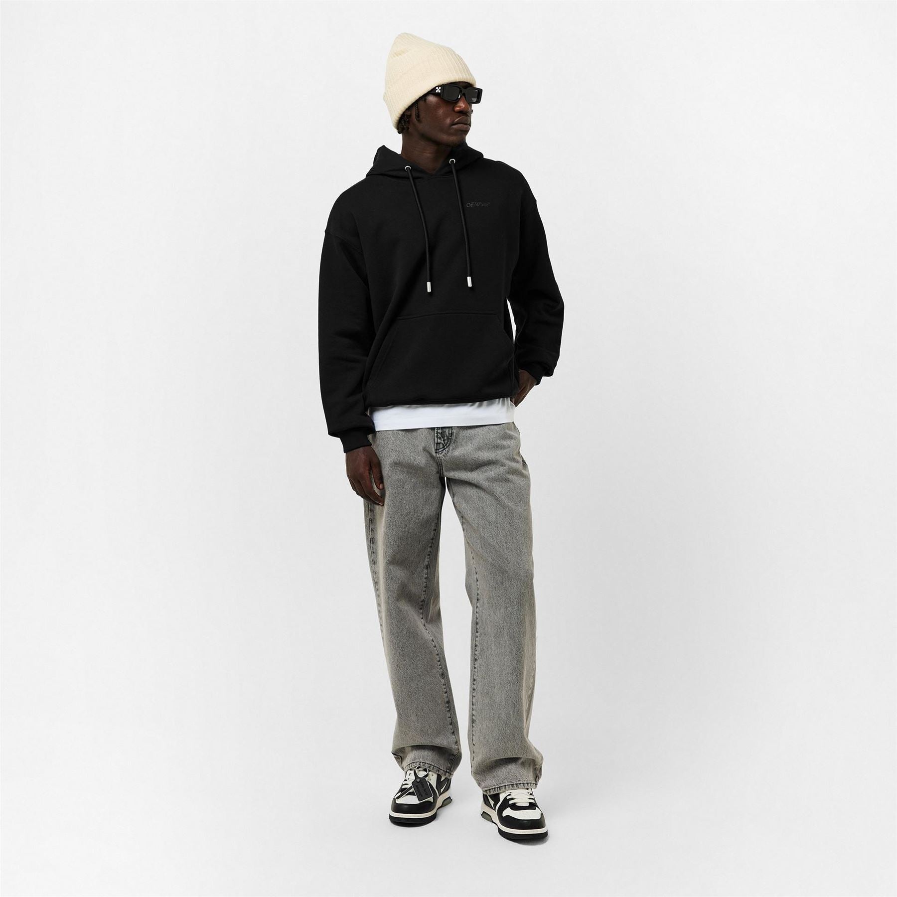 Off White Oversize Fit Hooded Neck Drop Shoulder Sweatshirt