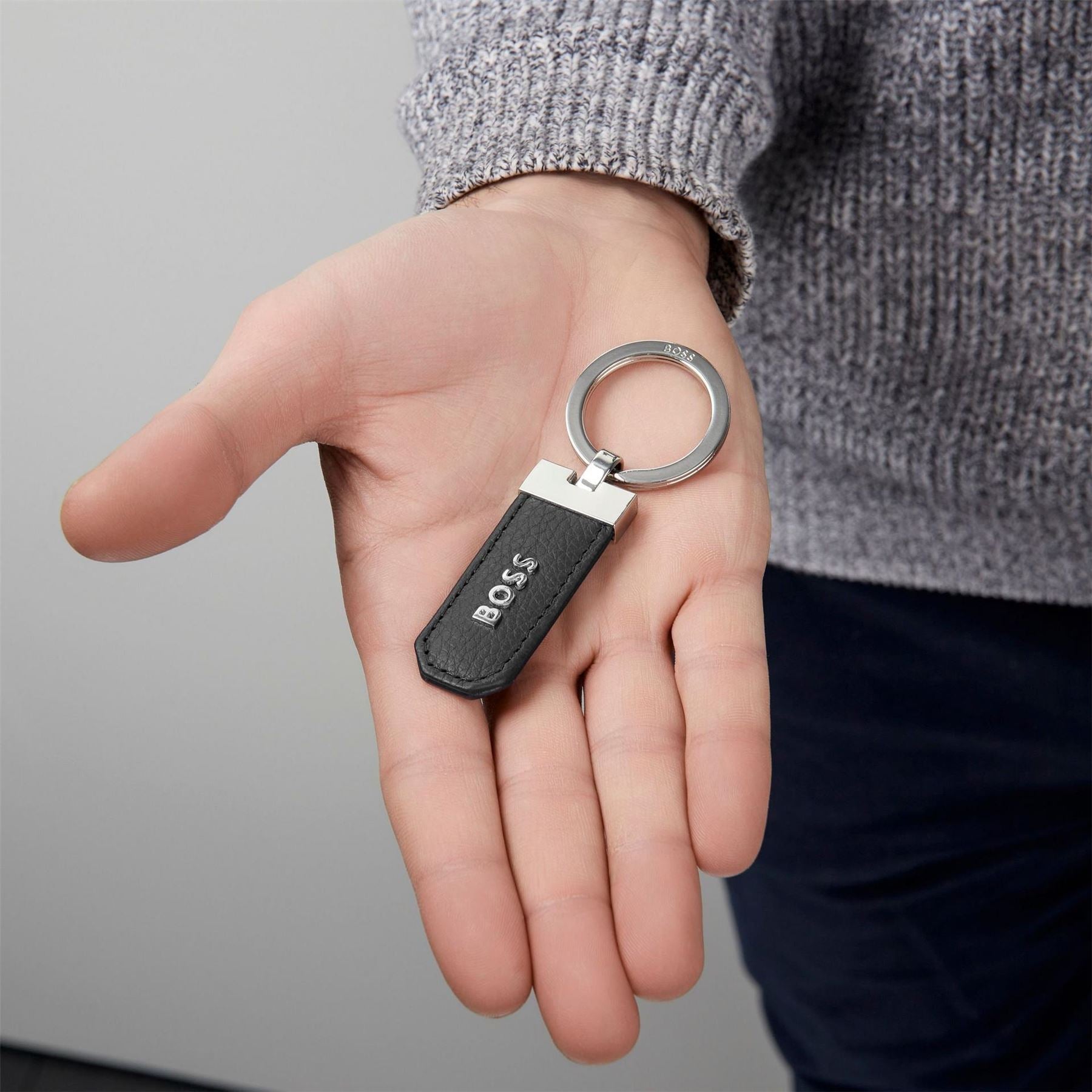 Boss Classic Grained Black Top Grain Leather Keyring