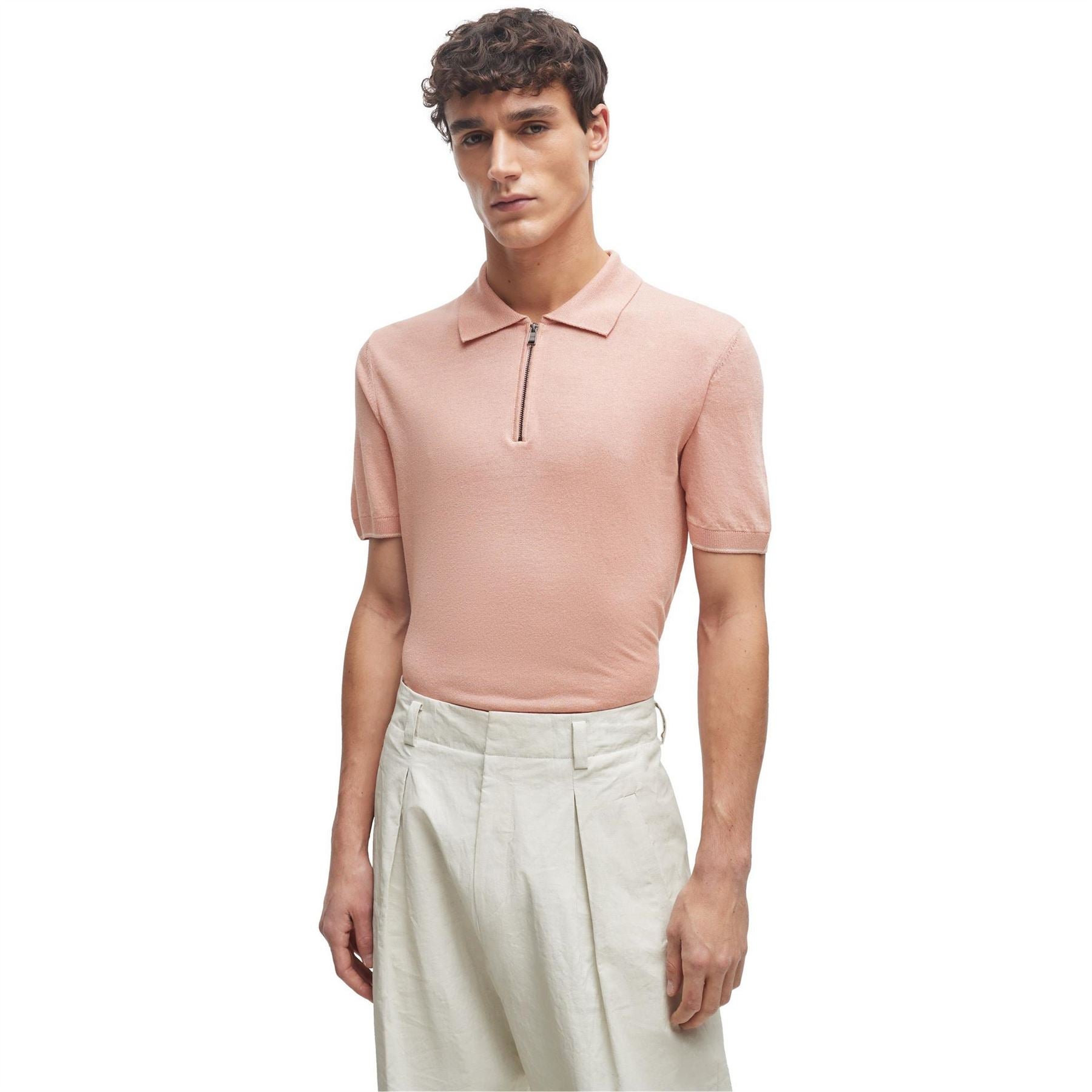 Boss Zip Neck Collared Short Sleeve Shirt