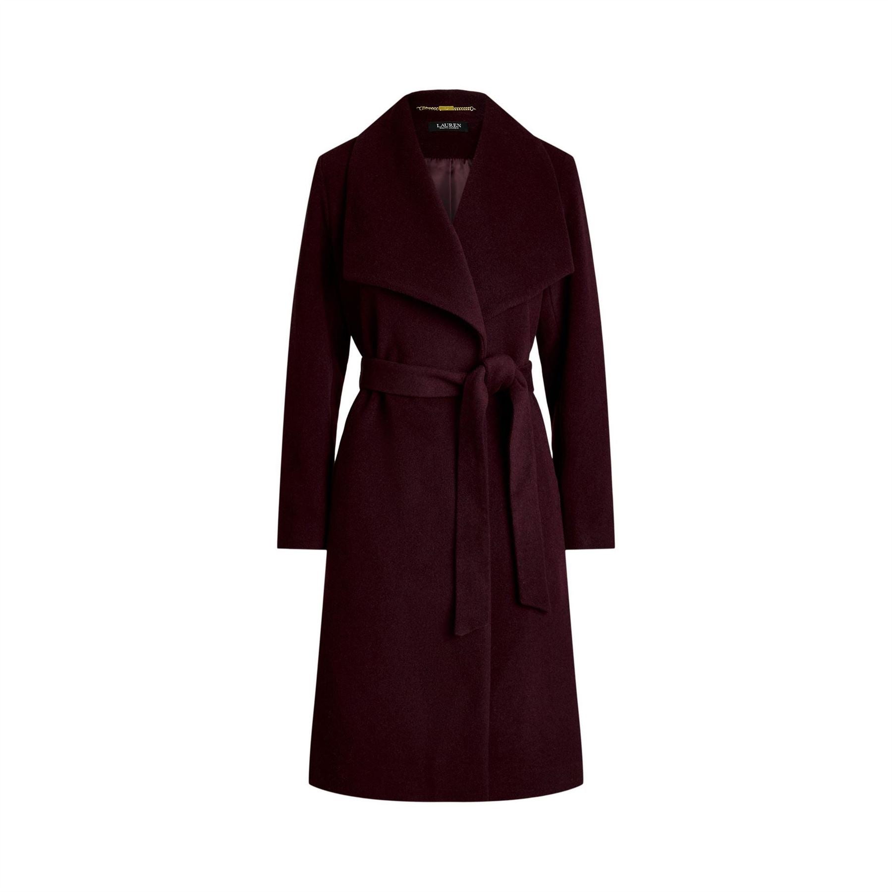 Lauren by Ralph Lauren Wool Solid Patterned Wrap Coat with Lapel Collar