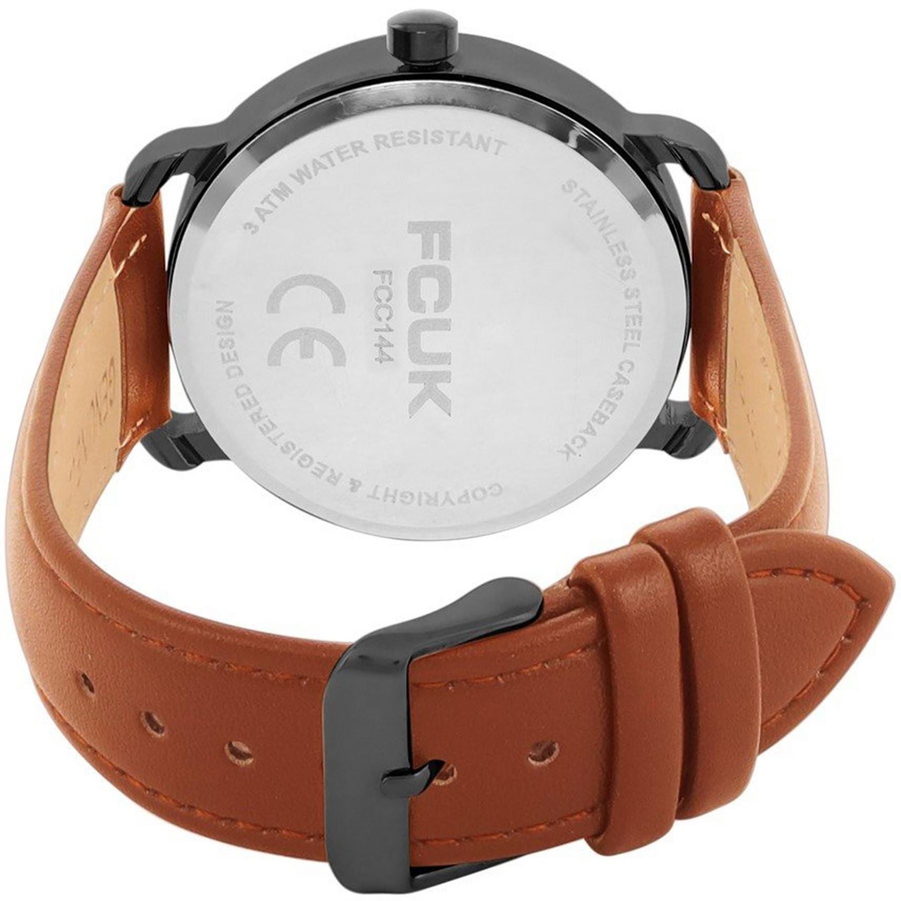 FCUK Black Case Round Shape Tan Strap Quartz Watch