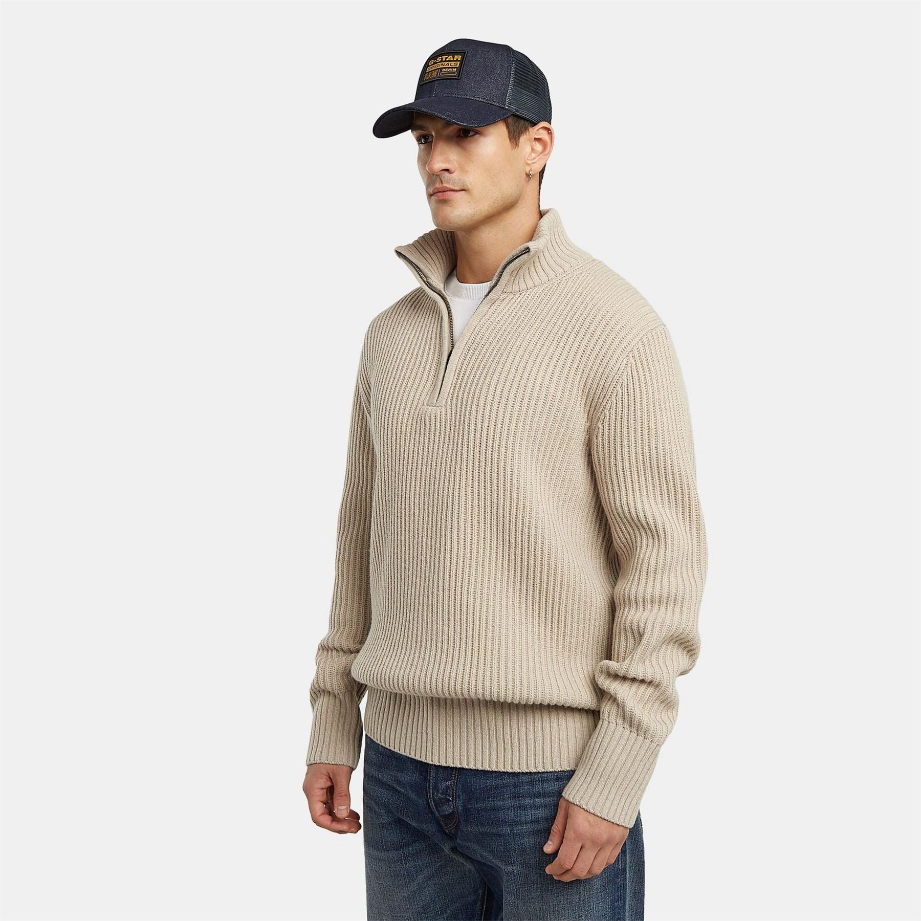 G Star Chunky Zip Neck High Collar Long Sleeve Sweater